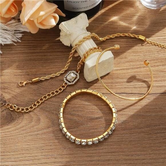 4 Pcs Dainty Gold Silver Bracelets Set for Women 14K Plated Link Cubic Zirconia - Picture 5 of 7